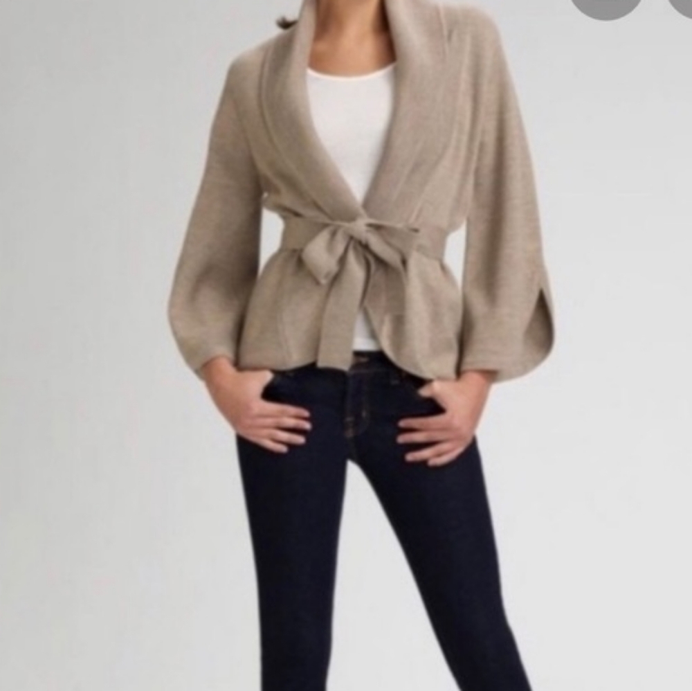 BCBGMAXAZRIA Beige Shawl Collar Short Wrap Merino Wool Sweater Sz. S